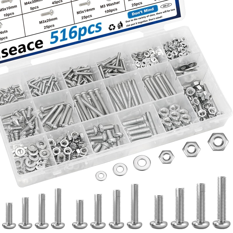 [Australia - AusPower] - smseace 516Pcs Nuts and Bolts Assortment Kit 21-Sizes M3/M4/M5/M6 Nut Bolt Washer Assortment Kit for Machinery, Furniture, Automotive, Motorcycle Repairs 