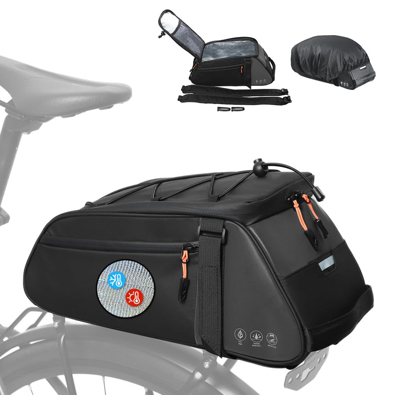 Insulated Rear Bike Rack Bag with Rain Cover, 10L Waterproof Backpack Shoulder Saddle bag for Bicycles, Reflective Cycling Seat Storage Bag for Warm or Cold Items for Camping Travel Outdoor Black+Rain Cover