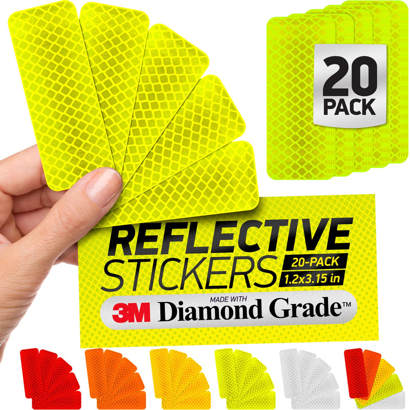 Reflective Safety Tape Stickers | 3M Diamond Grade | Yellow-Green | 1.2″ x 3.15″ | 20-Pack | Safety Warning Tape for Helmets, Cars, Mailboxes & More Fluorescent Yellow-Green