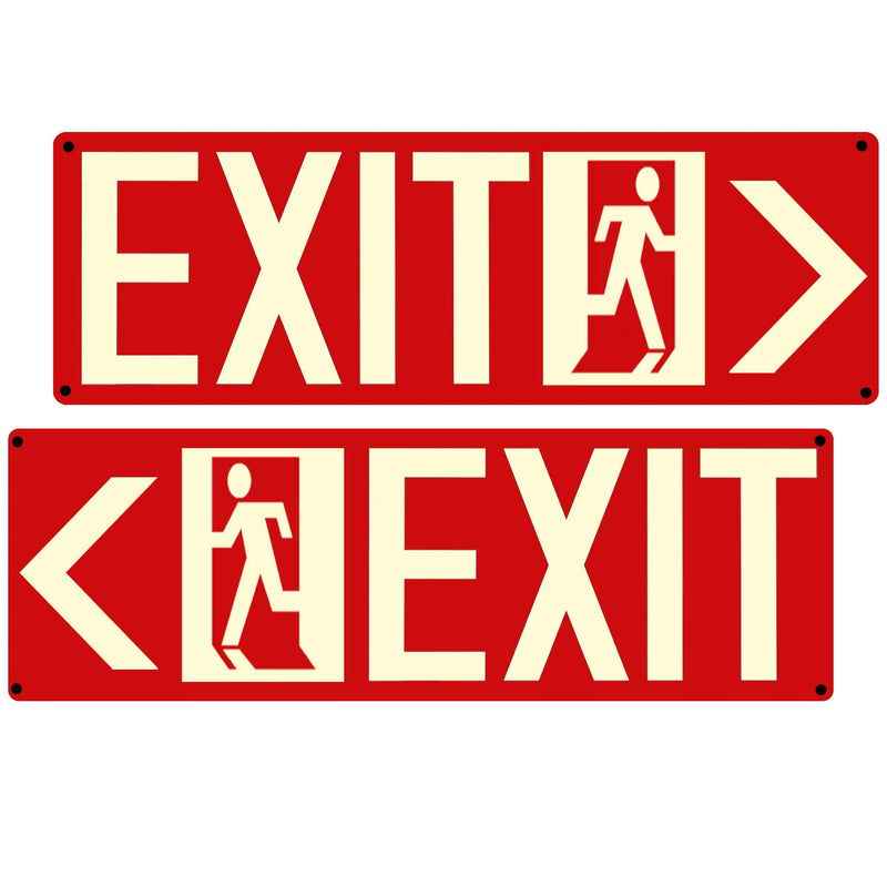 Photoluminescent Exit Sign Red - Aluminum -14x5 inches Exit Signs, With Strong Self-Adhesive Backing (One Right + One Left Arrow) Right + Left Arrow-14"x5"