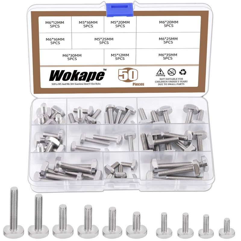 [Australia - AusPower] - 50pcs 304 Stainless Steel T-Slot Bolt Assortment Kit, M5 x 12/16/20/25mm and M6 x 12/16/20/25/30/35mm Drop-in Stud Sliding Bolts T Shape Screws for T Track 