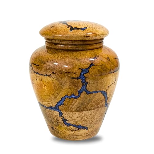 Gray Comet Mango Wood with Resin 20 Cubic Inch Capacity Screw Lid Cremation Urn with Blue Resin Memorial Tribute for Adult Men & Women – Decorative Funeral Keepsake- Urn2 Blue-Urn-2
