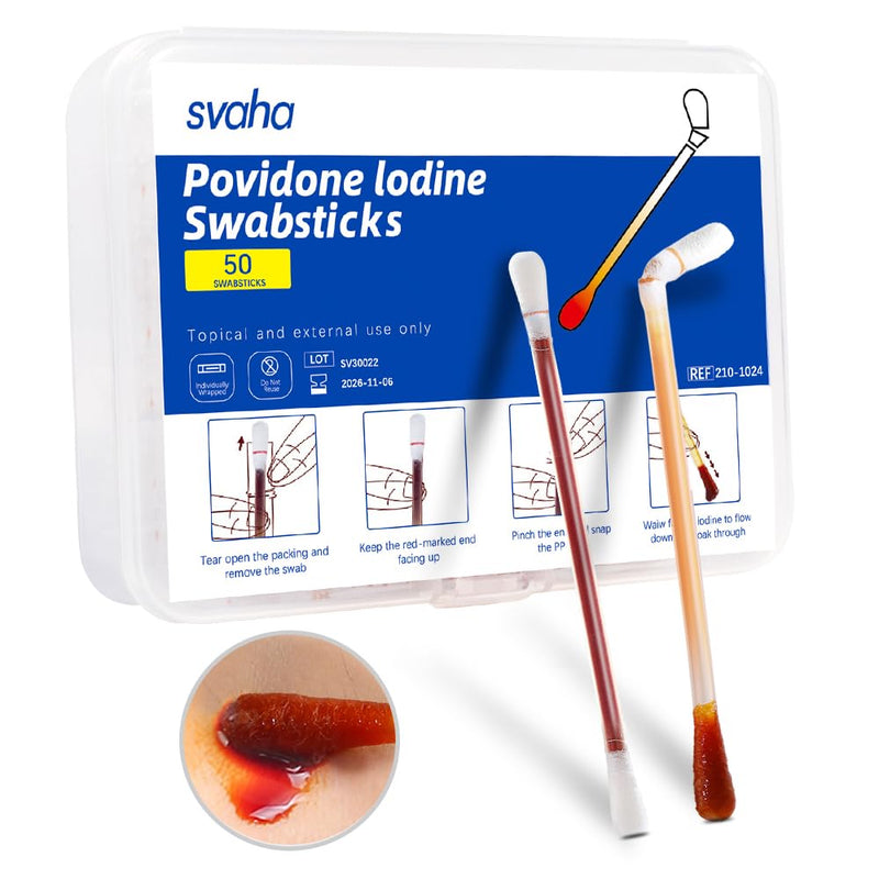 [Australia - AusPower] - Svaha 50 Sticks Iodophor Swabs with Povidone Iodine - Solution Outdoor First Aid Swabsticks for Skin Cleansing and Preparation 50 Count 