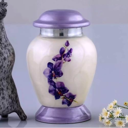 Small Keepsake Urn for Ashes White purple Orchid flower - 3" Height and can accomodate 3 cubic inches only - With Beautiful Cap and Base - Mini Urns for Gifting and give away