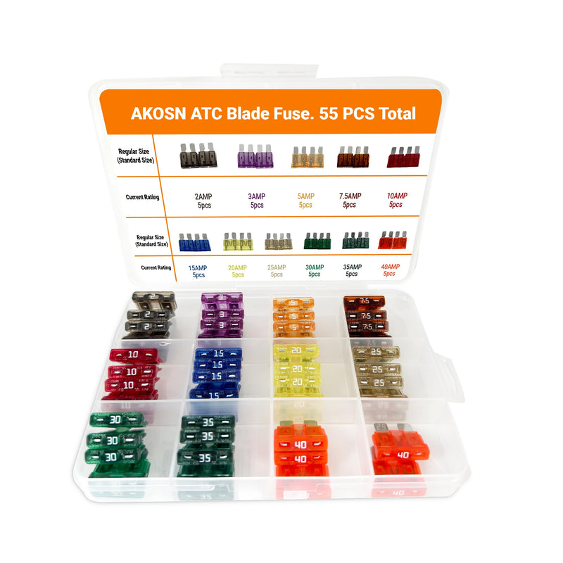 [Australia - AusPower] - Standard ATO/Car Fuse Assortment Kit, 55 Pieces, RV Marin Automotive Blade Fuse, 11 Current Ratings - 2A/ 3A/ 5A/ 7.5A/ 10A/ 15A/ 20A/ 25A/ 30A/ 35A/40 AMP Standard 