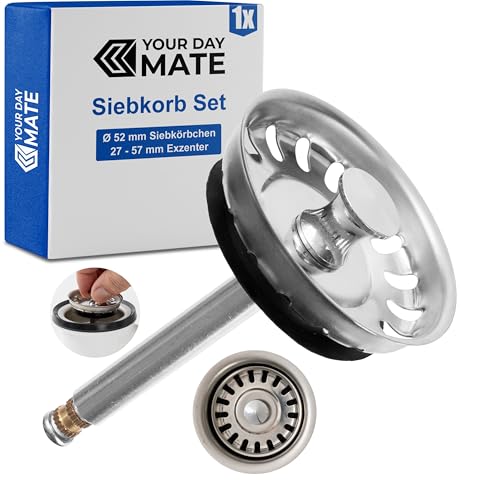 Sink Strainer Basket, 1 Pack, Diameter 52 mm Strainer Basket, Stainless Steel, Eccentric Spigot Protrudes 27-57 mm Deep into the Drain, Diameter 8 mm Pin, Replacement Part for Kitchen Sinks, Kitchen Drain Strainer Ø 52 mm, 27 - 57 mm Pin