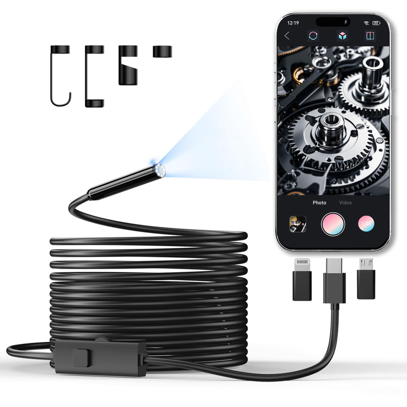 Endoscope Camera with Light, 1920P HD Borescope Inspection Camera with 8 Adjustable LEDs, IP67 Waterproof Semi-Rigid Snake Cable for Android, iPhone, and iPad(16.4ft, Single Lens) 16.4ft