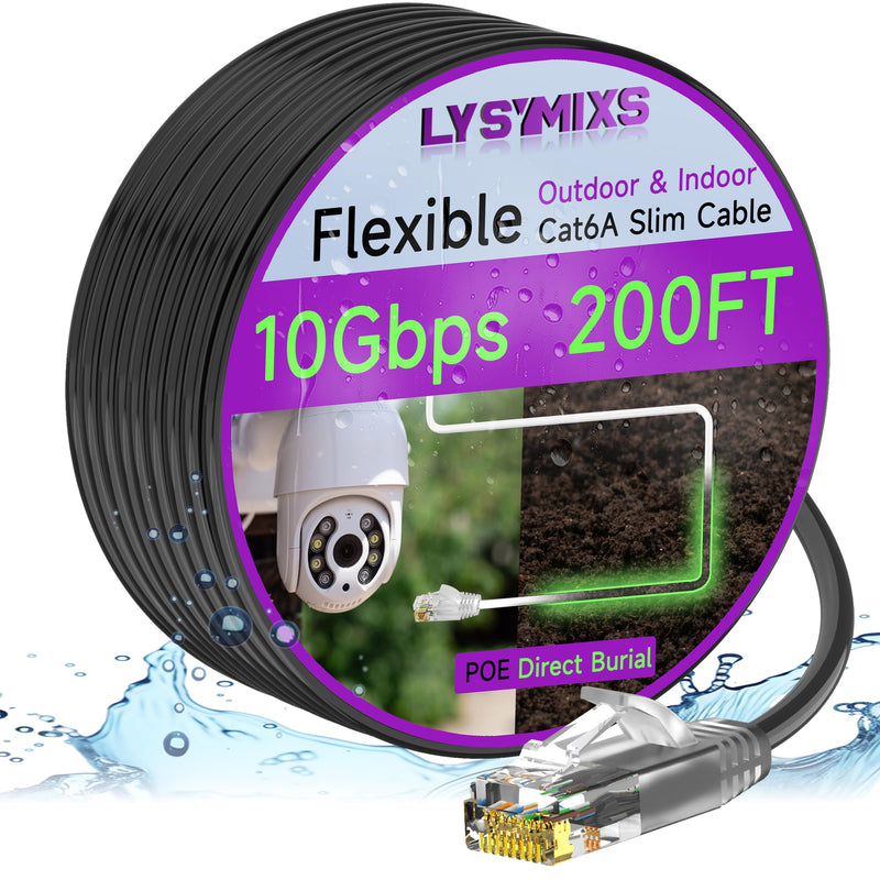 Cat6a Slim Ethernet Patch Cable 200ft Outdoor & Indoor, Flexible 10G Cat6 Internet Network Cable Waterproof LLDPE UV Jacket, Pure Copper Cat 6 Ethernet Cable for POE, Black