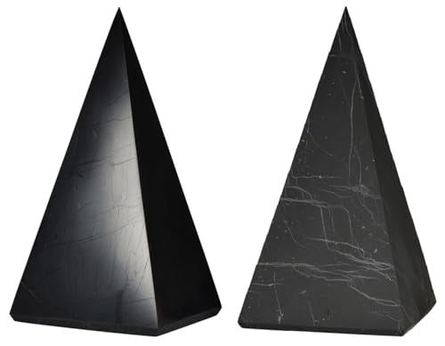 Shungite World 2 pcs Authentic Tall Shungite Pyramids Set 50 mm / 1.96" Polished and Unpolished Chakra Energy Natural Healing Crystal Real Home Protection Desk Decor Meditation Reiki Grounding Stone 50 mm / 1.96"