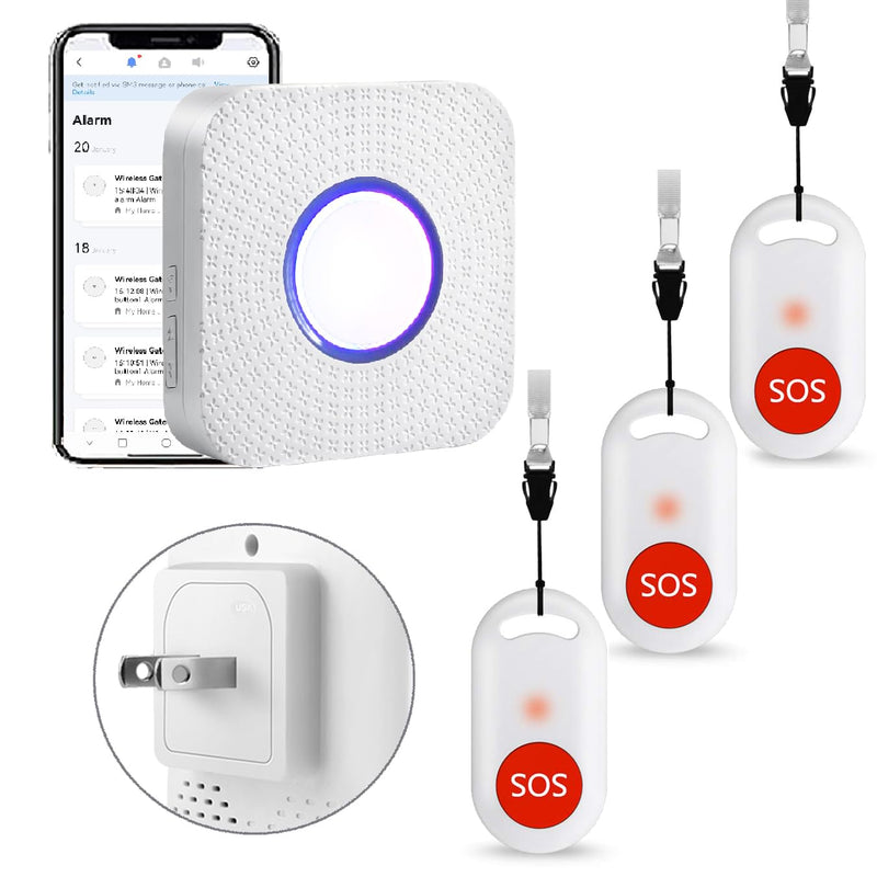 WiFi Smart Wireless Caregiver Pager Call Button System for Seniors, Disabled, Elderly, Emergency Life Alert, 2.4GHz Wi-Fi, App Support(Three Button One Gateway)