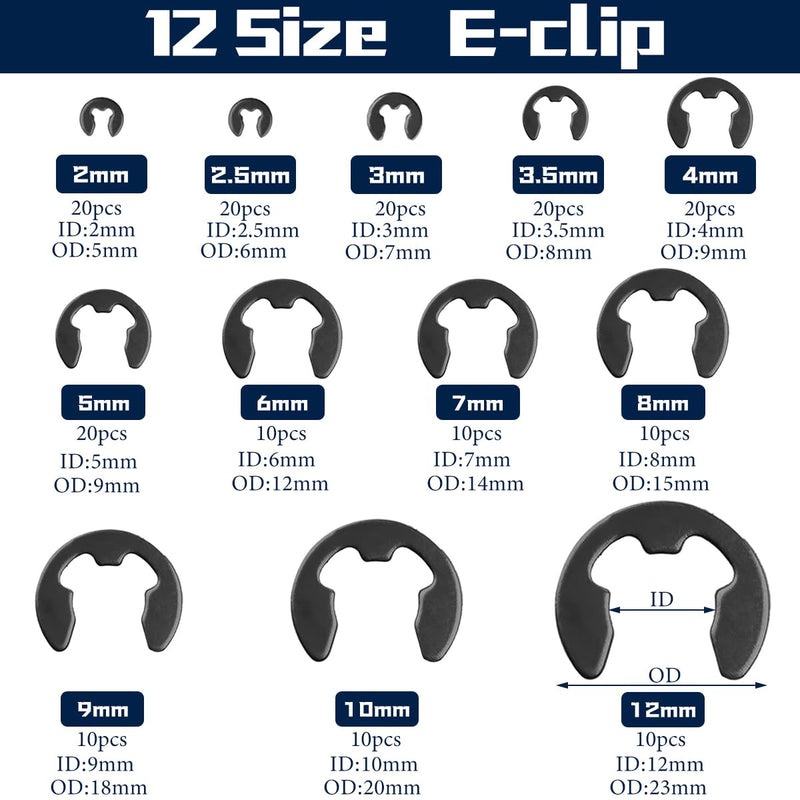 [Australia - AusPower] - 360PCS 24 Sizes E-Clips Assortment Set(2mm-12mm) and Alloy Steel External Retaining Rings,Snap Retaining Clip Ring Kit,C Clips Assortment (M5-M16) 