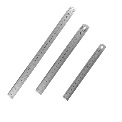 Set of 3 Stainless Steel Rulers, Metal Ruler Set 15/20/30 cm, Steel Ruler Double Sided Scale Edge Centimeter & Inch Steel Ruler Measuring Tool Precision Ruler for Engineering Teaching Office Office School silver