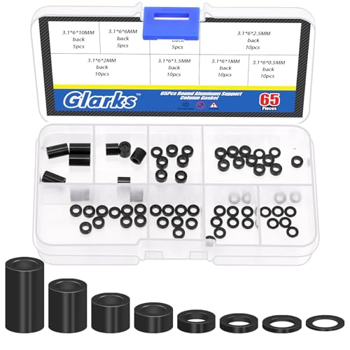 Glarks 65pcs 3.1mm ID x 6mm OD x 0.5-10mm L Aluminum Spacers, Black 8 Sizes Metal Spacer, Aluminum Round Plain Finish Spacer Screw Standoff for Drone FPV Quadcopter Racing RC Multirotors Parts DIY