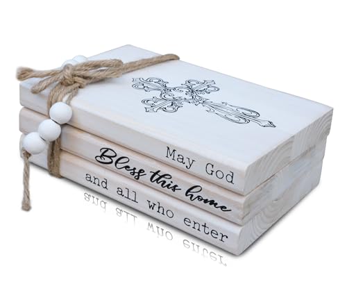LIVDUCOT Rustic Decorative Coffee Table Books for Home, Wood Book Stack Decor Set of 3, Farmhouse Mantel Decor, Christian Gifts (May God Bless This Home And All Who Enter)