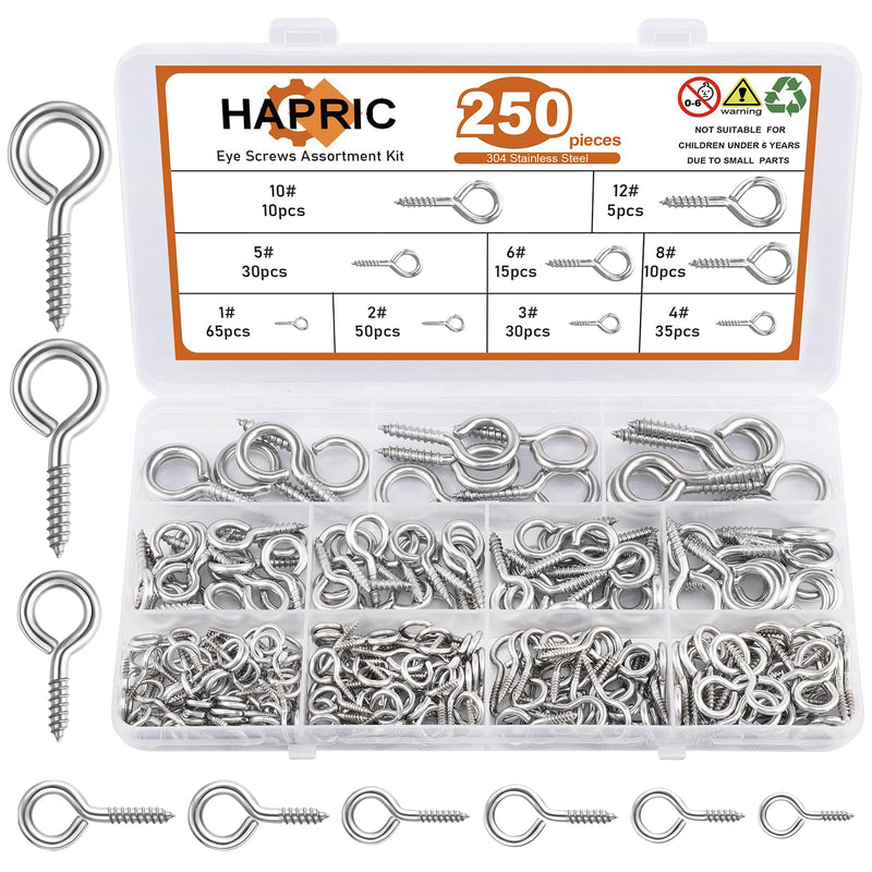 [Australia - AusPower] - 250 Pcs Eye Hook Screws, 304 Stainless Steel Screw Eyes 0.75"-1.75" 9 Size Eyelet Screw Heavy Duty Self Tapping Screws for Wood Picture Frame 