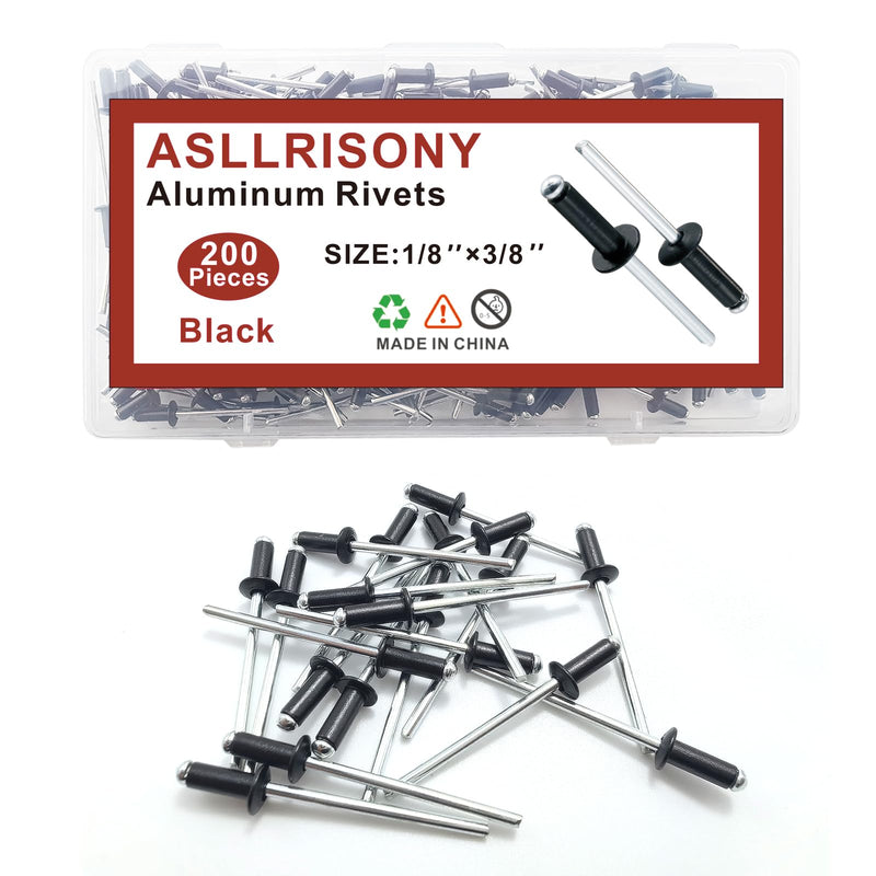 [Australia - AusPower] - 200pcs Black 1/8" x 3/8" Aluminum Blind Rivets, 3.2 x 9.5mm Pop Rivets,Aluminum Grip and Steel Mandrel 1/8"*3/8" 