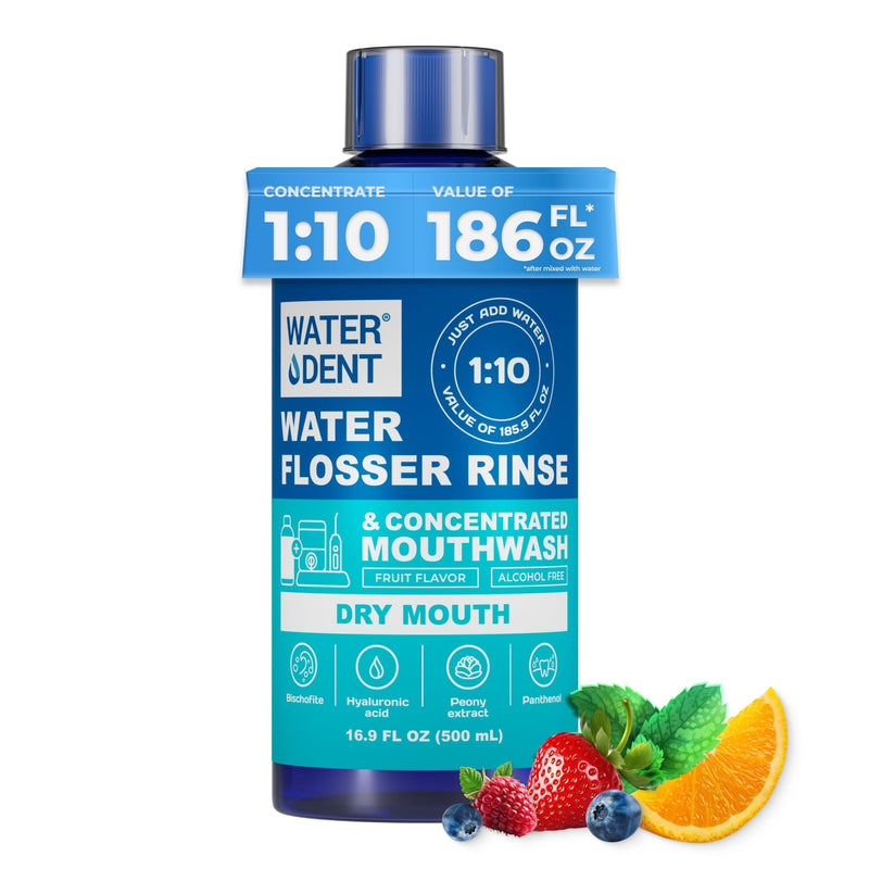 WATER DENT Water Flosser Rinse, Solution, Additive & Mouthwash for Dry Mouth – Compatible with Waterpik & All Oral Irrigators, with Hyaluronic Acid, Alcohol & Fluoride Free, Fruit Mint, 16.9 fl oz 16.9 Fl Oz (Pack of 1)