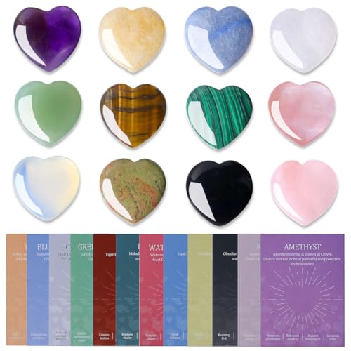 LAIDANLA 12 PCS Heart Crystals Healing Stones 1 inch Hearts Natural Gemstones Polished Bulk Heart Shaped Crystal Stone Set Rose Quartz Amethyst Reiki Meditation Gifts