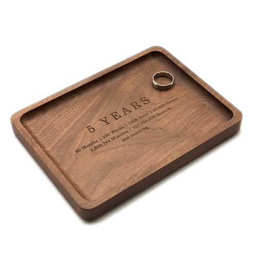 MUUJEE Ring Dish - Engraved Rectangle Wood Tray Small Jewelry Dish 5 Year Wedding Anniv Gifts Ideas (Large - 7.25" x 5.25") 5 Year Large