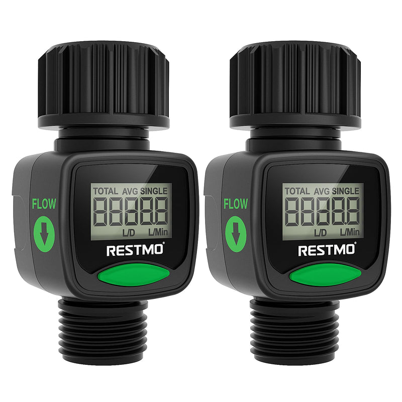[2 Pack] RESTMO Water Flow Meter, High Measure Accuracy, Measure Gallon/Liter Consumption and Flow Rate for Outdoor Garden Hose Watering, RV Water Tank Filling, Lawn Sprinkler and Nozzle Sprayer 2 Pack