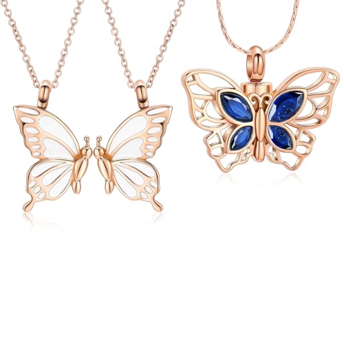 constantlife 3 Pack Butterfly Urn Necklace Cremation Jewelry for Ashes for Women Stainless Steel Inlaid Crystal Memorial Pendant Human Pet Ash Holder Keepsake (Rose Gold)