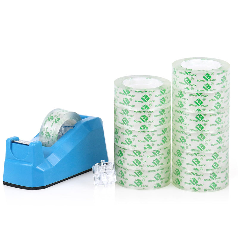 BOMEI PACK Transparent Tape Dispensers Desk, 1 Pack Blue with 12Rolls Transparent Tape, 1 Inch Core, for Gift Wrapping, School, Office and Home