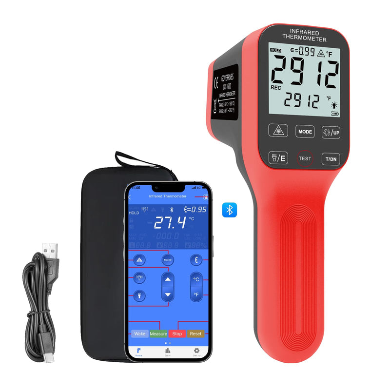 [Australia - AusPower] - Pyrometer, Rechargeable Touch Screen Laser Thermometer with Bluetooth -58°F to 2912°F High Temp Infrared Thermometer Gun with DS=30:1, IR Thermometer with Adjustable Emissivity, for HVAC Forge AP-1600APP 