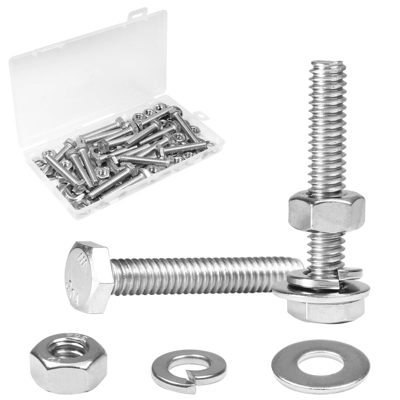 [Australia - AusPower] - Yinpecly 20 Sets 1/4-20 x 1-1/2" Hex Head Screw Bolt, Nuts, Flat & Lock Washers, Stainless Steel 304, Machine Fully Thread Hex Bolts, Bright Finish Hexagon Bolt, Nuts and Bolts Assortment Kit 1/4-20 x 1-1/2" 