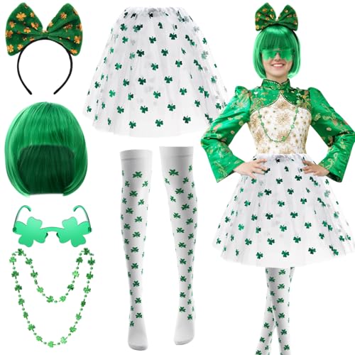 Mumufy 7 Pcs St. Patrick's Day Outfits Leprechaun Costume Accessories for Women Tutu Skirt Green Wig Headband Glasses Socks Green and White Elegant