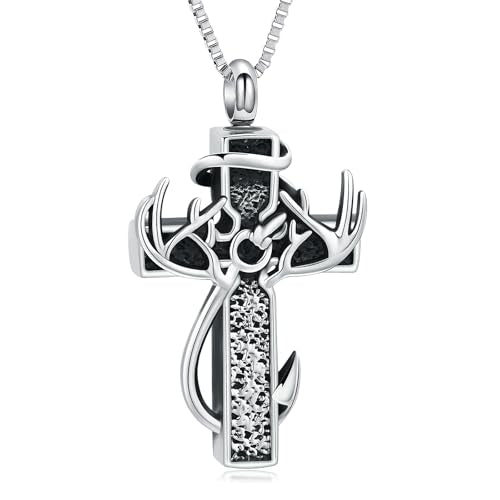 XSMZB Cross Cremation Jewelry Urn Necklace for Human Ashes Fish Hook Memorial Urn Pendant Deer Antler Cross Ashes Holder Keepsake Jewelry Silver-Black