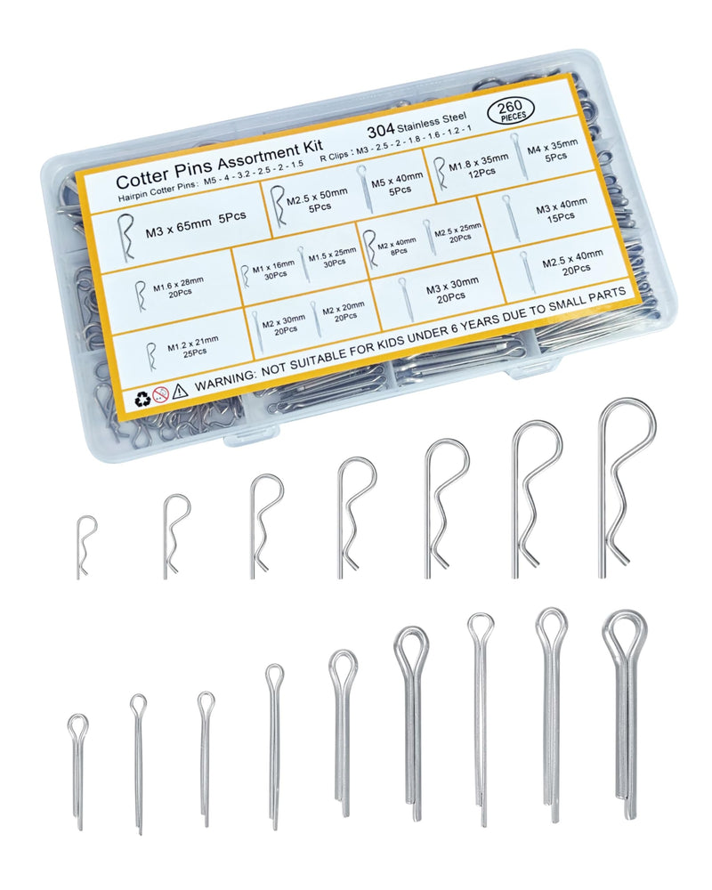 [Australia - AusPower] - 260 Pcs Cotter Pins Assortment Kit - 16 Sizes Hardware Pins Set 304 Stainless Steel Hitch Pin Clip Small Carter Pins Used for Automotive, Trailer Hitch,Lawn Mower 260pcs-Assortment kit 