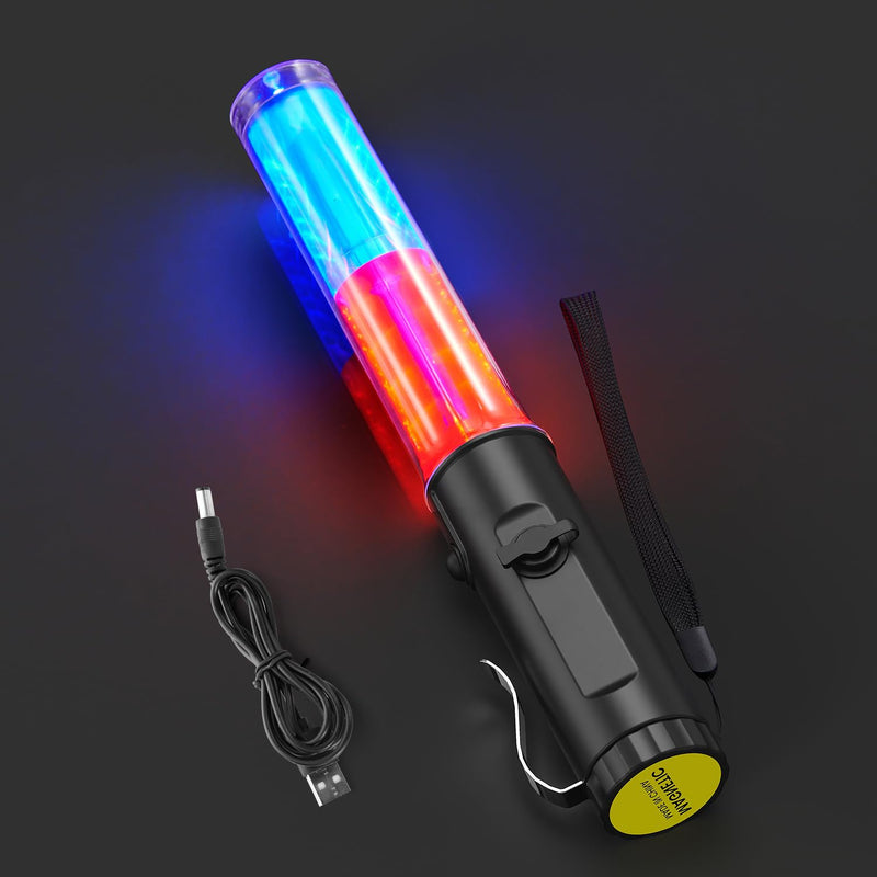 [Australia - AusPower] - Traffic Wand Rechargeable, 10 Inch Traffic Control Baton Light with 4 Flashing Modes and 1 White LED on Top, Air Marshaling Signal Wand with Side Clip for Airport, Parking, Car Directing, 1 Pack Red Blue 