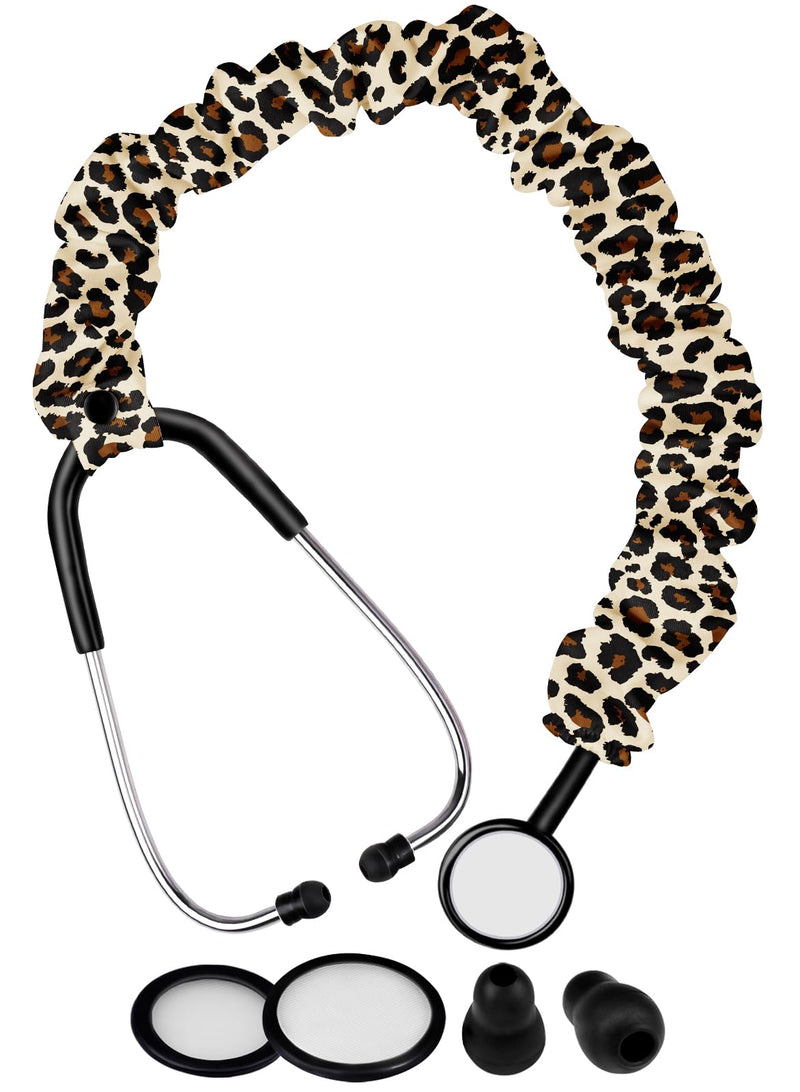 [Australia - AusPower] - Plifal Elastic Stethoscope Cover Sleeve for Nurse Doctors Cuff Accessories - Leopard Print Pleated Design, Fits Most Dual-head Removable & Single-head Stethoscopes, Comes with Diaphragms and Earplugs brown 