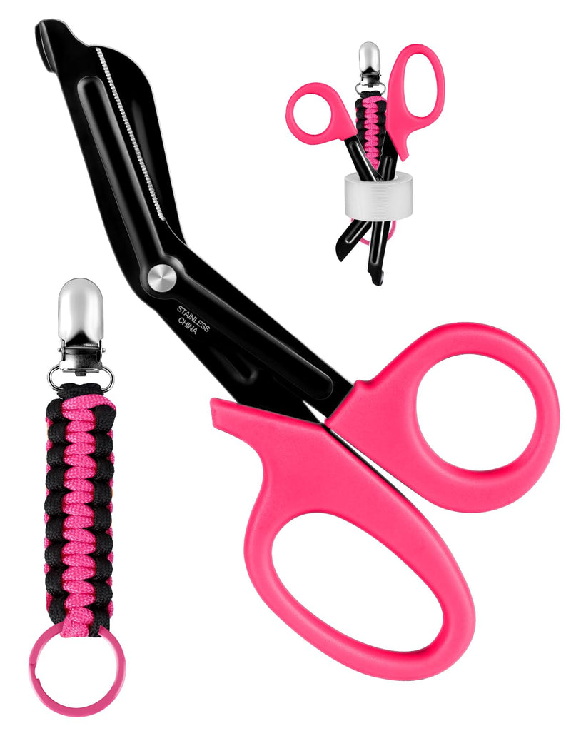 Plifal 7.36" Stainless Steel Nurse Scissors & Tape Holder - Rose Red Trauma Shears, Deep Serrations & Blunt Tip Design, Essential Tool for First Aid Surgical Medical Work (Without Tape)