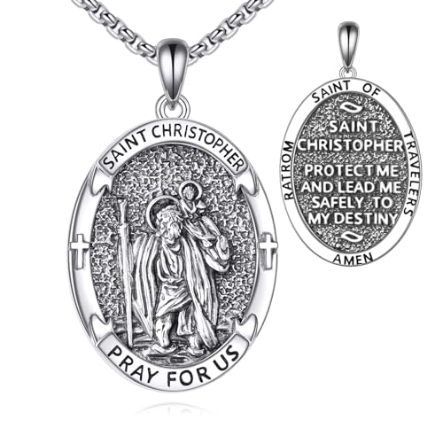 Saint Jude/Michael/Muerte/Benedict/Mary/Dymphna Necklace for Men Sterling Silver Pendant Necklaces Prtotect Jewelry Gifts for Men Women Saint Christopher