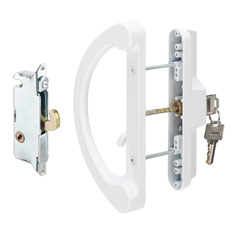 HILLMASTER Sliding Glass Door Handle with Mortise Lock and Key Cylinder,Patio Door Lock with Key Replacement Patio Door Handle Set Sliding Door Lock Fits 3-15/16" Screw Hole Spacing,Reversible Design White