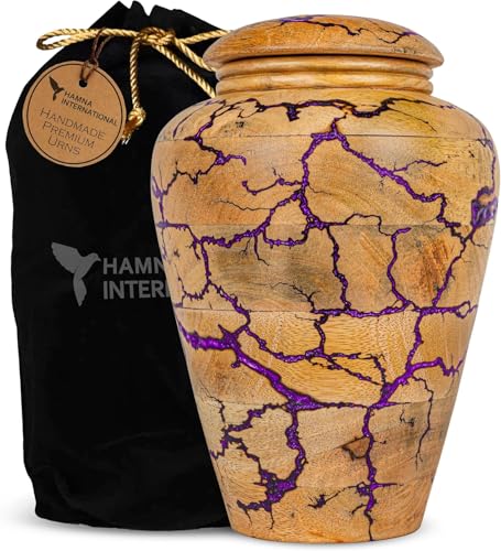 Wooden Cremation Urn for Human Ashes Adult – Premium Handcrafted Funeral Urn Box for Burial, Funeral & Home Memorial | Durable Keepsake Memorial Urn with Purple Resin Accent, 30 cu in