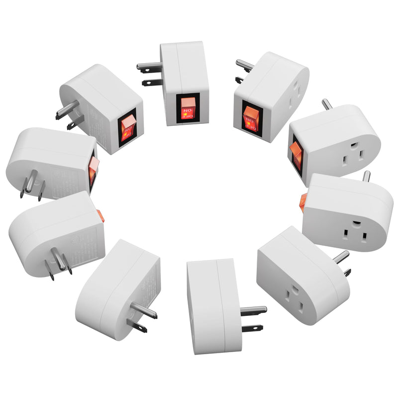 HiFind Grounded Outlet Extender with ON/Off Switch (10 Pack), 3 Prong Single Port Power Adapter, Energy & Space Saving Wall Tap Plug with Red Indicator for Light & Small Appliance, ETL, White 10 Pack