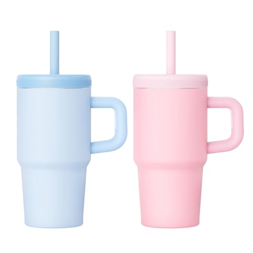 20 Oz Kids Tumbler with Handle, Stainless Steel Cute Water Bottle Pink&Blue 2 Count