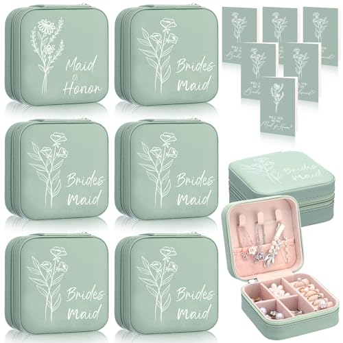 MotiMind 6 Sets Bridesmaid Proposal Gifts Jewelry Travel Bridesmaid Boxes Gifts Wedding Maid of Honor Matron Bridal Shower Jewelry Boxes for Women with Invitation Card(Sage Green) Sage Green