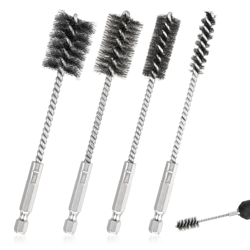 [Australia - AusPower] - 4 Pcs Stainless Steel Wire Brushes for Drill Stainless Steel Bore Brush Set 3/8'' 1/2'' 3/4'' 7/8'' Bristles Wire Brush with Hex Shank Handle for Drill Ports Tubes Bearings Cleaning Parts 