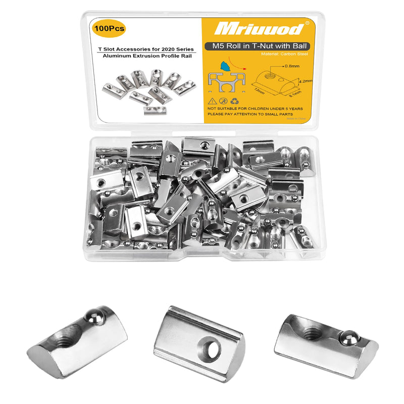 [Australia - AusPower] - M5 T Nut Roll-in Spring Loaded 100pcs M5x0.8mm Half Round Roll T-Nuts Carbon Steel Nickel Plated for 20x20 20 Series Aluminum Extrusions 3D Printer Replacement Tiny Nuts M5-100PCS 