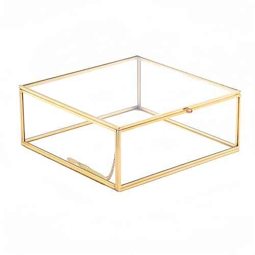 Feyarl Gold Glass Crowns Box Jewelry Trinket Ring Earring Keepsake Wedding Photo Cards Decorative Box Crystal Stones Display Holder Organizer for Birthday Dresser Tabletop（6.3 x 6.3 x 3.35inch