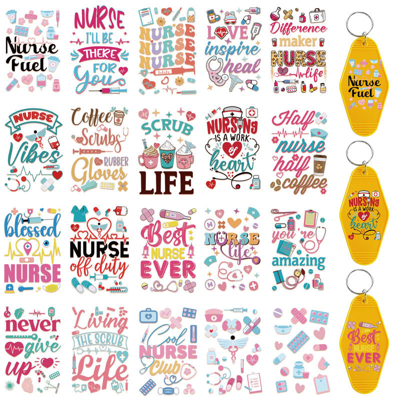 [Australia - AusPower] - UV DTF Wrap Transfer Stickers - 8 Pcs Nurse Themed UV DTF Stickers for Motel Keychains, Stethoscope Medicine Coffee Design Hotel Key Chain, Waterproof Decals(80 small pcs) 