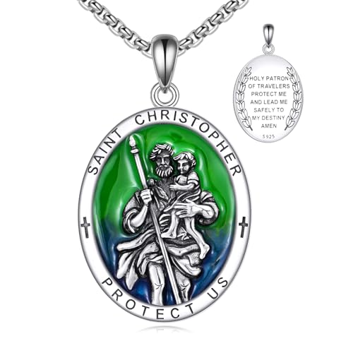 925 Sterling Silver Patron Saint Medal Necklace Catholic Protection Pendant Amulet Religious Protector Jewelry for Men Women 10a-St Christopher