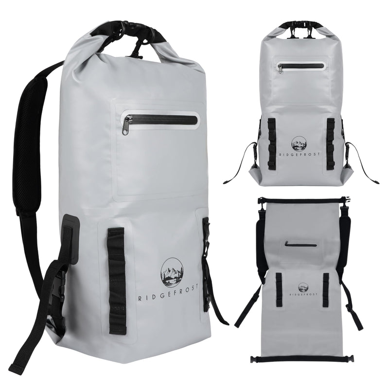 Ridgefrost 20L Dry Bag | Waterproof w/2 Compartments | Dry Bag for Beach & More | Lightweight Roll-Top & Roll-Bottom backpack Light Grey