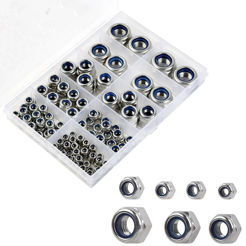 [Australia - AusPower] - Locknuts Assortment Kit - M3 M4 M5 M6 M8 M10 M12 Metric Nylon Insert Lock Nuts Set,140PCS Lock Nuts,304 Stainless Steel Metric Locknuts Assortment 140PCS 