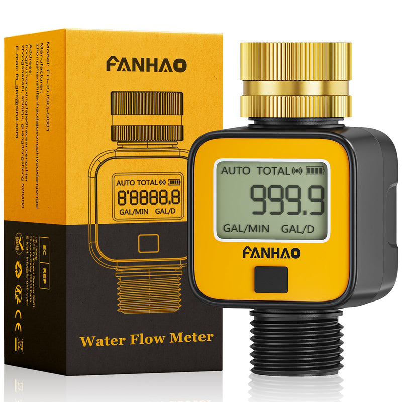 FANHAO Water Flow Meter with Brass Inlet Metal Thread, Measure Gallon/Liter Consumption and Flow Rate, High Accuracy & IPX6 Waterproof for Outdoor Garden Hose Watering, RV Water Tank Filling 1 Pack