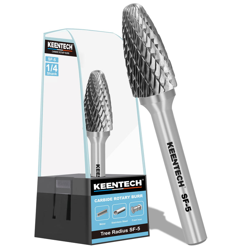 [Australia - AusPower] - KEENTECH Burr Bits Tungsten Carbide, 1/4" Shank Die Grinder Bit, SF-5 Cutting Burrs with Storage Case, Double-Cut Tree Shape Rotary File for Hard Metal, 1/2" Cutting Dia. x 1" Cutting Length 