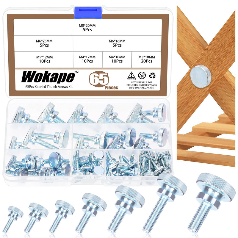 [Australia - AusPower] - 65Pcs Knurled Thumb Screw Assortment Kit, M3 M4 M5 M6 M8 Zinc Plated Carbon Steel Knurled Thumbscrew Flat Knurled Head Fully Threaded Bolts Fastener 